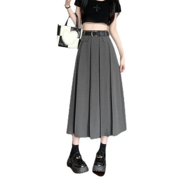 Gray Suit Pleated Skirt Women's Summer New High Waist Slimming Large Hem - Deck Em Up
