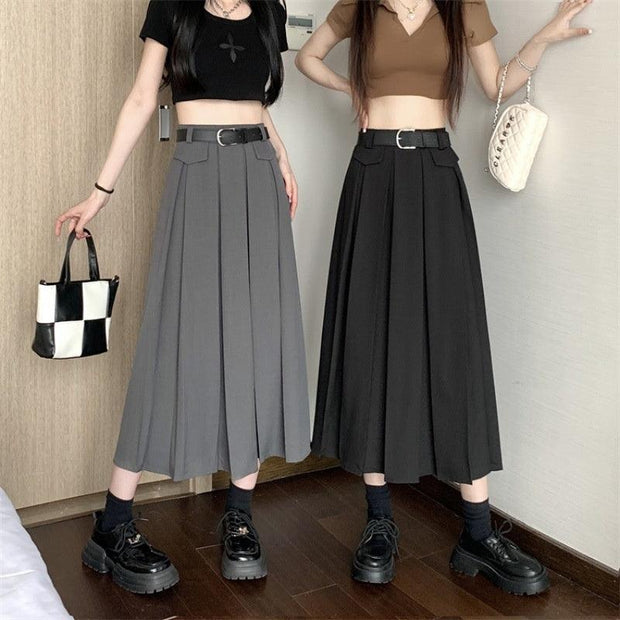 Gray Suit Pleated Skirt Women's Summer New High Waist Slimming Large Hem - Deck Em Up