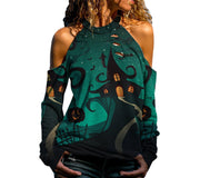 Halloween Off Shoulder Printed Top Womens Casual Loose Stitching Long Sleeved T Shirt - Deck Em Up