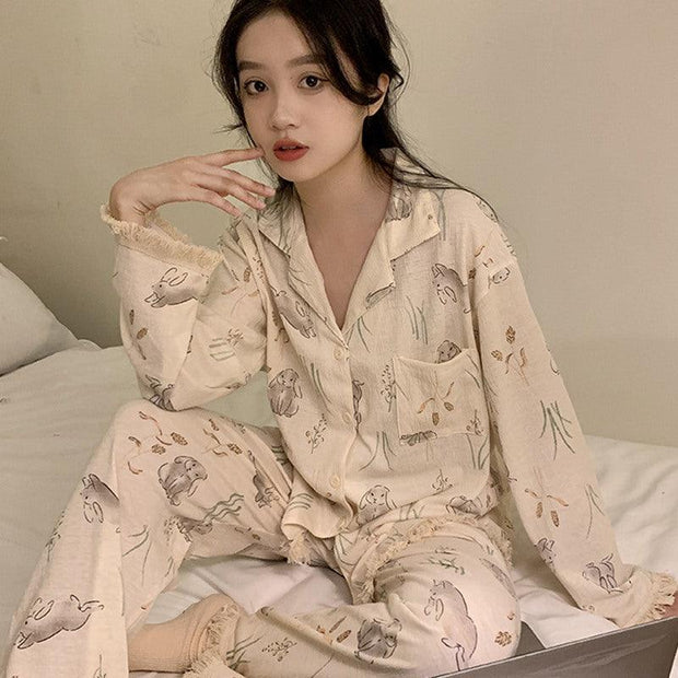 Simple Elegant Printed Women's Thin Home Clothing Set - Deck Em Up