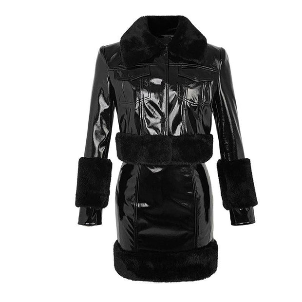 Autumn And Winter Clothing New Fashion Short Leather Coat Sheath Skirt Two-piece Set - Deck Em Up