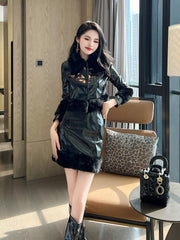 Autumn And Winter Clothing New Fashion Short Leather Coat Sheath Skirt Two-piece Set - Deck Em Up