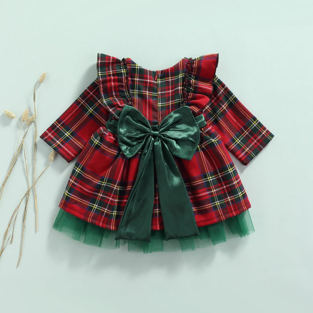 Girls Kids Red Checkered Bow Christmas Dress - Deck Em Up
