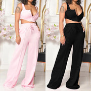 European And American Women's Clothing Solid Color Sexy Top Loose Mop Wide Leg Pants Two-piece Set - Deck Em Up