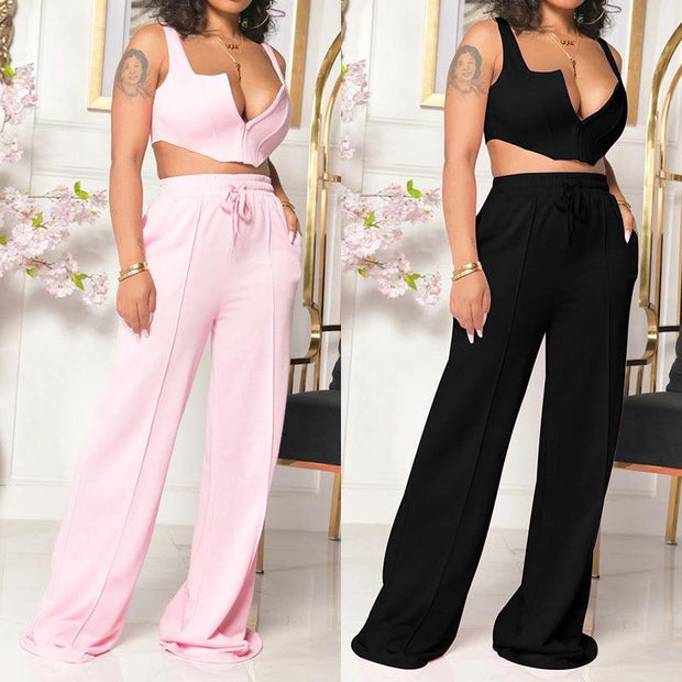 European And American Women's Clothing Solid Color Sexy Top Loose Mop Wide Leg Pants Two-piece Set - Deck Em Up