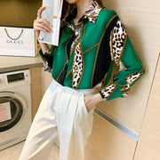 Westernstyle Allmatch Color Contrast Leopard Print Long Sleeved Chiffon Shirt Womens Top - Deck Em Up