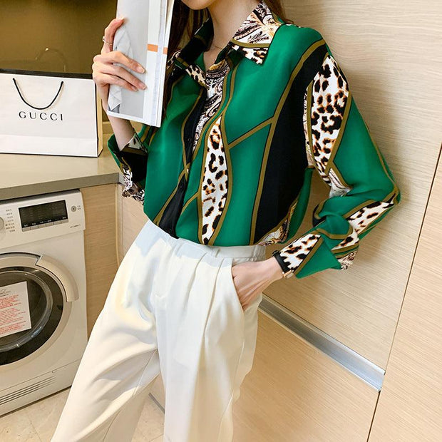 Westernstyle Allmatch Color Contrast Leopard Print Long Sleeved Chiffon Shirt Womens Top - Deck Em Up