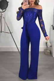 Appliques Lace Patchwork Jumpsuit Women Sexy Off Shoulder Slash Neck Long Sleeve Elegant Wide Leg Pants Jumpsuit Party Overalls - Deck Em Up