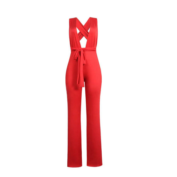 Women Fashion Clothing Sexy V Neck Multi-way Jumpsuits Female Lace Up Bandage Sleeveless Wide Leg Autumn Playsuits - Deck Em Up