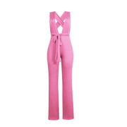 Women Fashion Clothing Sexy V Neck Multi-way Jumpsuits Female Lace Up Bandage Sleeveless Wide Leg Autumn Playsuits - Deck Em Up