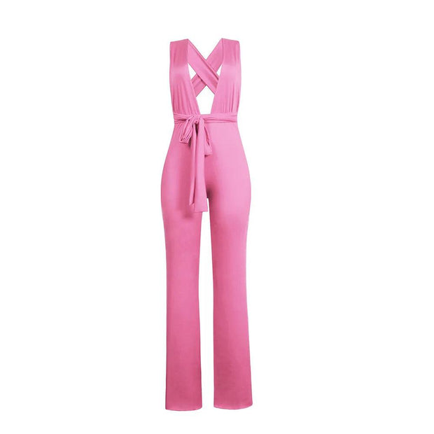Women Fashion Clothing Sexy V Neck Multi-way Jumpsuits Female Lace Up Bandage Sleeveless Wide Leg Autumn Playsuits - Deck Em Up