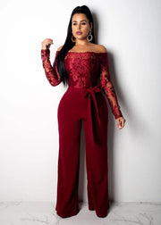 Appliques Lace Patchwork Jumpsuit Women Sexy Off Shoulder Slash Neck Long Sleeve Elegant Wide Leg Pants Jumpsuit Party Overalls - Deck Em Up