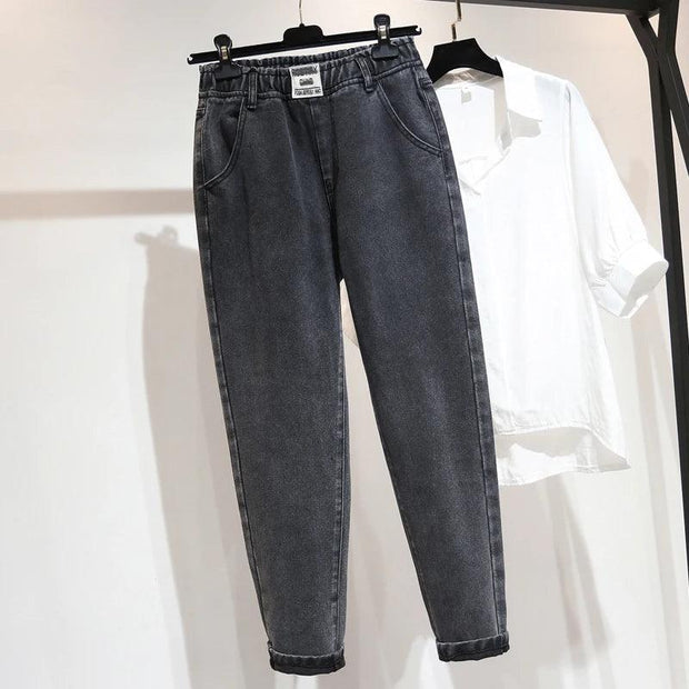Boyfriend Jeans For Women High Waist Plus Size Full Length Denim Harem Pants Retro Blue Gray 4xl 5xl 6xl - Deck Em Up