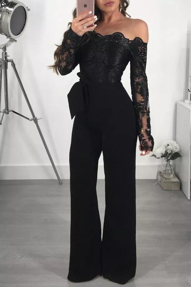 Appliques Lace Patchwork Jumpsuit Women Sexy Off Shoulder Slash Neck Long Sleeve Elegant Wide Leg Pants Jumpsuit Party Overalls - Deck Em Up