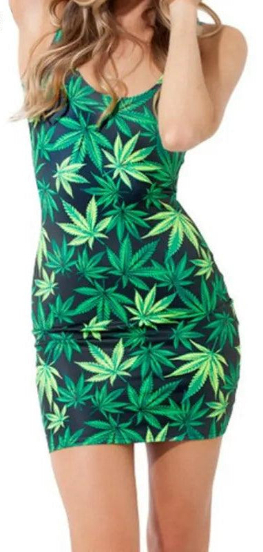 BIVIGAOS Fashion Women Casual Summer Style Vestidos Women Dress Marijuasnaes Weed Leaf Black Milk Fashion Mujer Bandage Beach - Deck Em Up