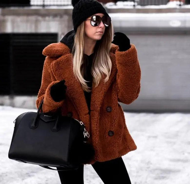 Winter Thick Warm Teddy Coat Woman Lapel Long Sleeve Fluffy Hairy Fake Fur Jackets Female Button Pockets Plus Size Overcoat - Deck Em Up