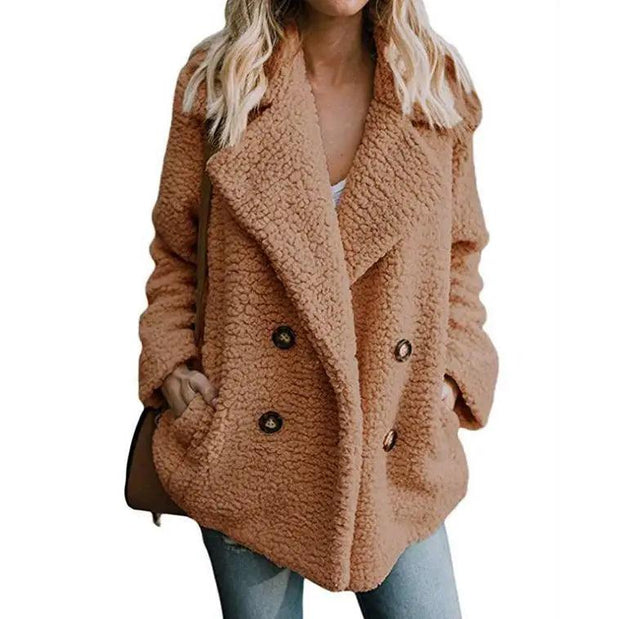 Winter Thick Warm Teddy Coat Woman Lapel Long Sleeve Fluffy Hairy Fake Fur Jackets Female Button Pockets Plus Size Overcoat - Deck Em Up