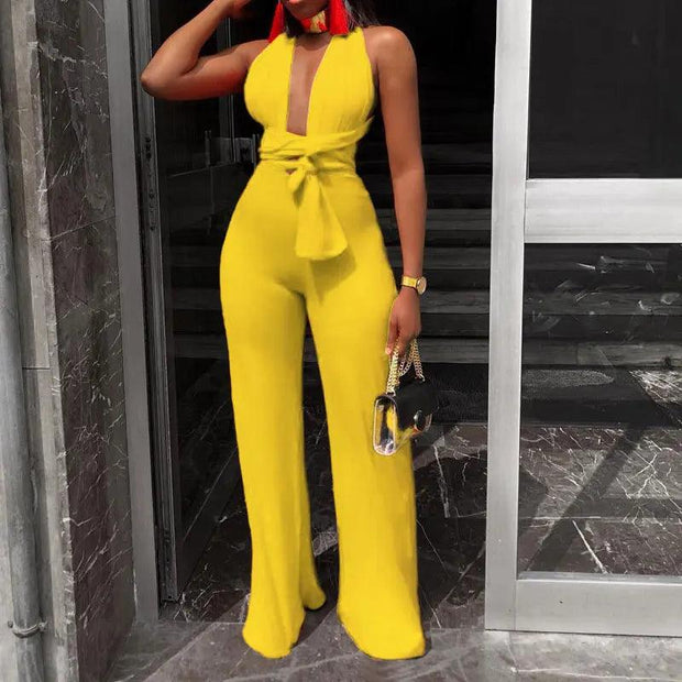 Women Fashion Clothing Sexy V Neck Multi-way Jumpsuits Female Lace Up Bandage Sleeveless Wide Leg Autumn Playsuits - Deck Em Up