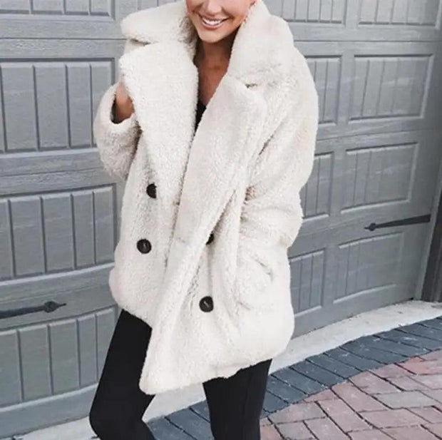 Winter Thick Warm Teddy Coat Woman Lapel Long Sleeve Fluffy Hairy Fake Fur Jackets Female Button Pockets Plus Size Overcoat - Deck Em Up