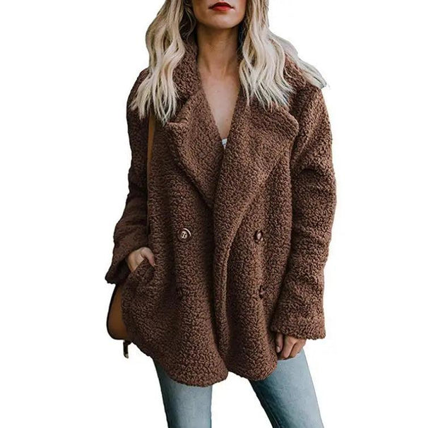 Winter Thick Warm Teddy Coat Woman Lapel Long Sleeve Fluffy Hairy Fake Fur Jackets Female Button Pockets Plus Size Overcoat - Deck Em Up