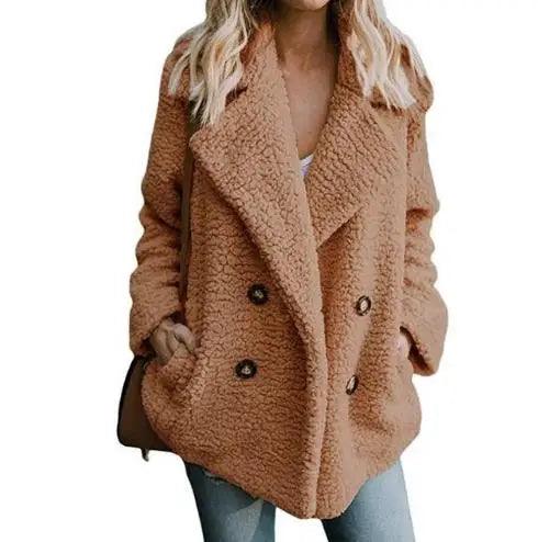 Winter Thick Warm Teddy Coat Woman Lapel Long Sleeve Fluffy Hairy Fake Fur Jackets Female Button Pockets Plus Size Overcoat - Deck Em Up