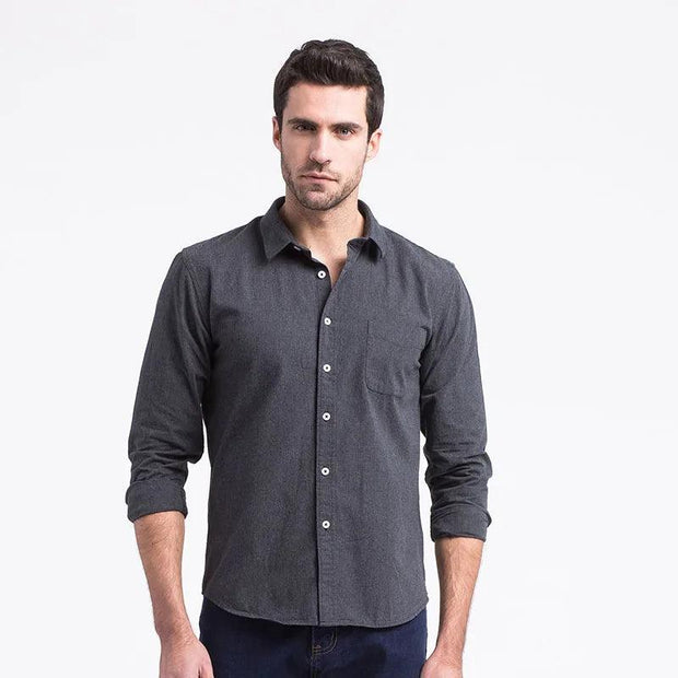 Mens Brushed 100% Cotton High Quality Dress Shirts Vintage Blue Slim Fit Solid Fashion Blouse Male Designer Long Sleeve Shirt - Deck Em Up