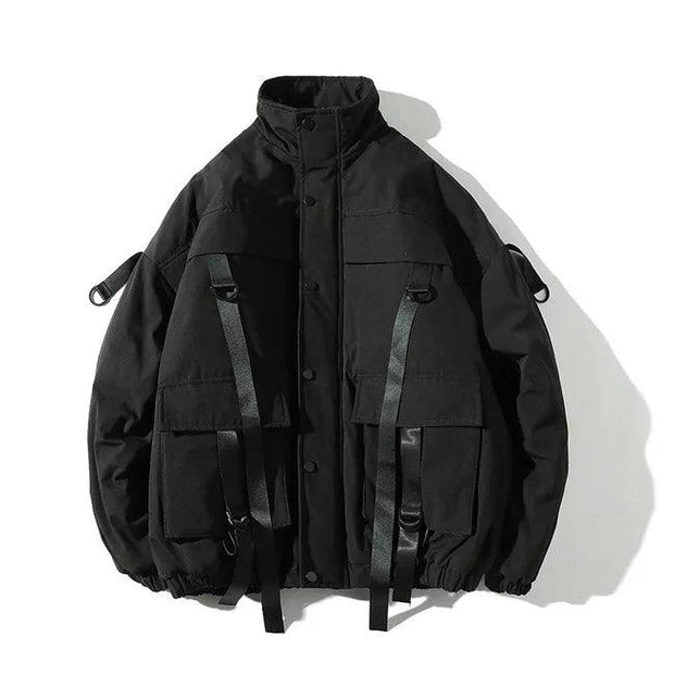 Men Winter Jacket Ribbons Pockets Thick Hip Hop Streetwear Parkas Casual Padded Men's Jackets Male Clothing ABZ522 - Deck Em Up