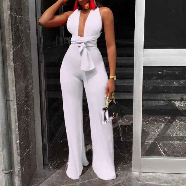 Women Fashion Clothing Sexy V Neck Multi-way Jumpsuits Female Lace Up Bandage Sleeveless Wide Leg Autumn Playsuits - Deck Em Up