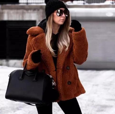 Winter Thick Warm Teddy Coat Woman Lapel Long Sleeve Fluffy Hairy Fake Fur Jackets Female Button Pockets Plus Size Overcoat - Deck Em Up