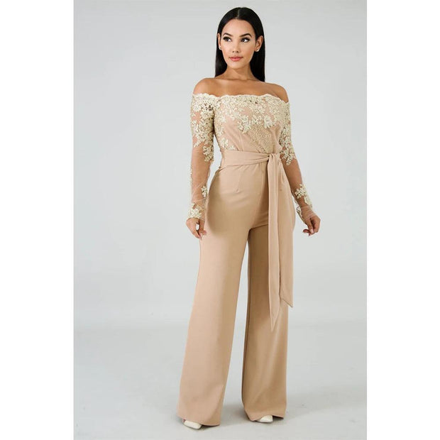 Appliques Lace Patchwork Jumpsuit Women Sexy Off Shoulder Slash Neck Long Sleeve Elegant Wide Leg Pants Jumpsuit Party Overalls - Deck Em Up