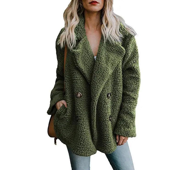 Winter Thick Warm Teddy Coat Woman Lapel Long Sleeve Fluffy Hairy Fake Fur Jackets Female Button Pockets Plus Size Overcoat - Deck Em Up