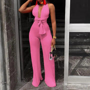 Women Fashion Clothing Sexy V Neck Multi-way Jumpsuits Female Lace Up Bandage Sleeveless Wide Leg Autumn Playsuits - Deck Em Up
