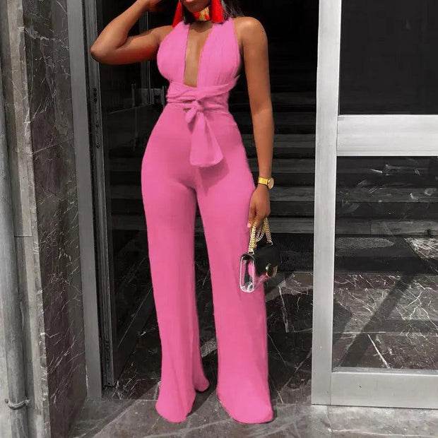 Women Fashion Clothing Sexy V Neck Multi-way Jumpsuits Female Lace Up Bandage Sleeveless Wide Leg Autumn Playsuits - Deck Em Up