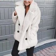 Winter Thick Warm Teddy Coat Woman Lapel Long Sleeve Fluffy Hairy Fake Fur Jackets Female Button Pockets Plus Size Overcoat - Deck Em Up