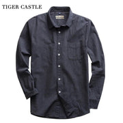 Mens Brushed 100% Cotton High Quality Dress Shirts Vintage Blue Slim Fit Solid Fashion Blouse Male Designer Long Sleeve Shirt - Deck Em Up