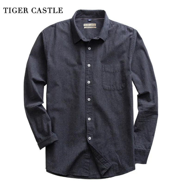 Mens Brushed 100% Cotton High Quality Dress Shirts Vintage Blue Slim Fit Solid Fashion Blouse Male Designer Long Sleeve Shirt - Deck Em Up