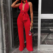 Women Fashion Clothing Sexy V Neck Multi-way Jumpsuits Female Lace Up Bandage Sleeveless Wide Leg Autumn Playsuits - Deck Em Up