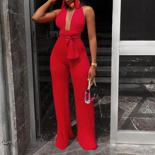 Women Fashion Clothing Sexy V Neck Multi-way Jumpsuits Female Lace Up Bandage Sleeveless Wide Leg Autumn Playsuits - Deck Em Up