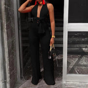 Women Fashion Clothing Sexy V Neck Multi-way Jumpsuits Female Lace Up Bandage Sleeveless Wide Leg Autumn Playsuits - Deck Em Up