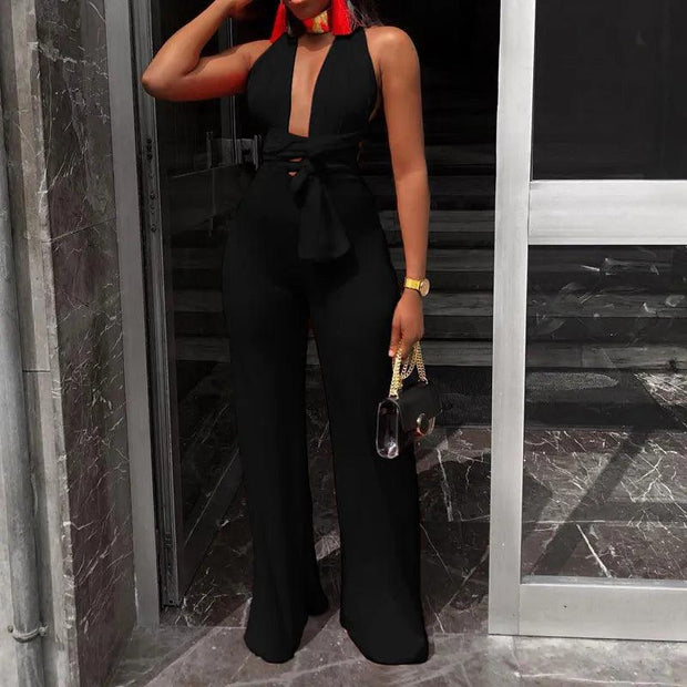 Women Fashion Clothing Sexy V Neck Multi-way Jumpsuits Female Lace Up Bandage Sleeveless Wide Leg Autumn Playsuits - Deck Em Up
