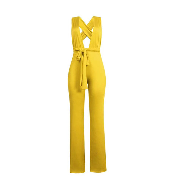 Women Fashion Clothing Sexy V Neck Multi-way Jumpsuits Female Lace Up Bandage Sleeveless Wide Leg Autumn Playsuits - Deck Em Up