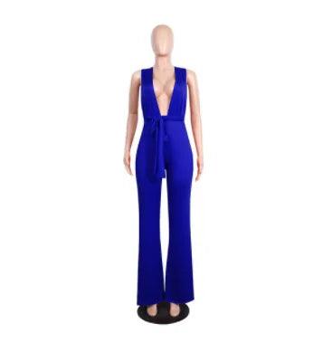 Women Fashion Clothing Sexy V Neck Multi-way Jumpsuits Female Lace Up Bandage Sleeveless Wide Leg Autumn Playsuits - Deck Em Up