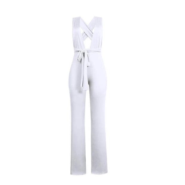 Women Fashion Clothing Sexy V Neck Multi-way Jumpsuits Female Lace Up Bandage Sleeveless Wide Leg Autumn Playsuits - Deck Em Up