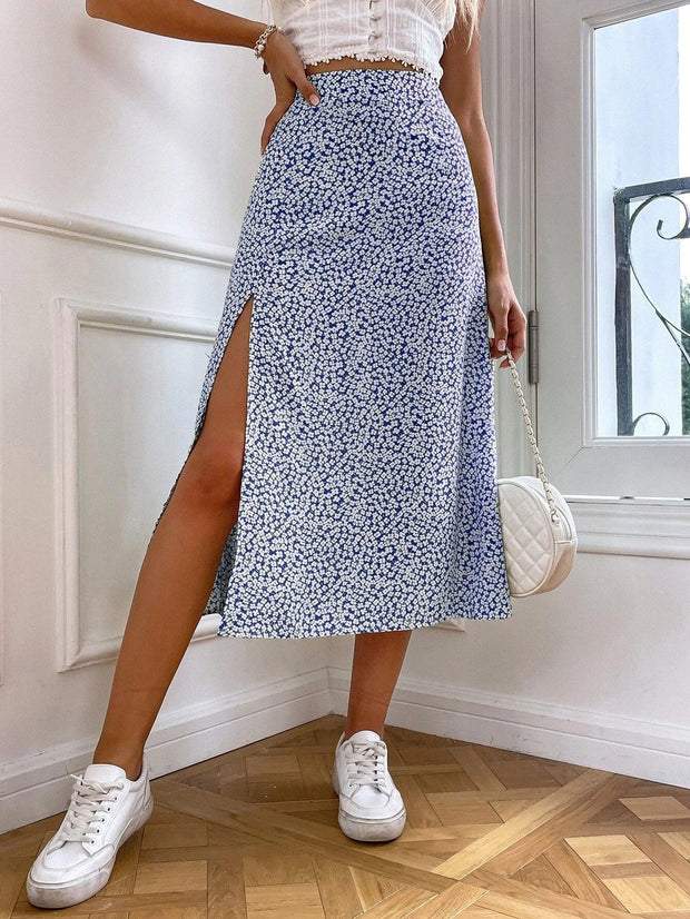 European And American Floral Split A- Line Sheath Mid-waist Dress Skirt - Deck Em Up