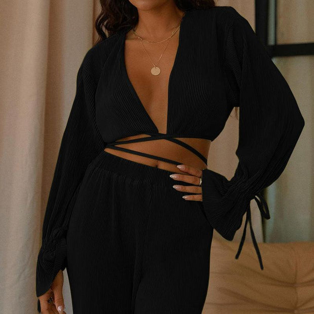 Women's V-Neck Fashion Casual Set Clothing - Deck Em Up