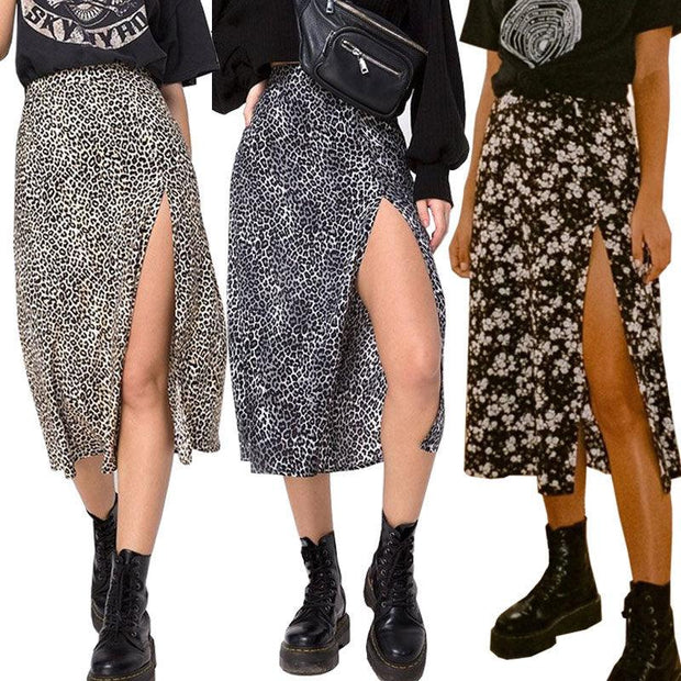 European And American Leopard Print Long Skirt High Waist Slit Hip Skirt - Deck Em Up