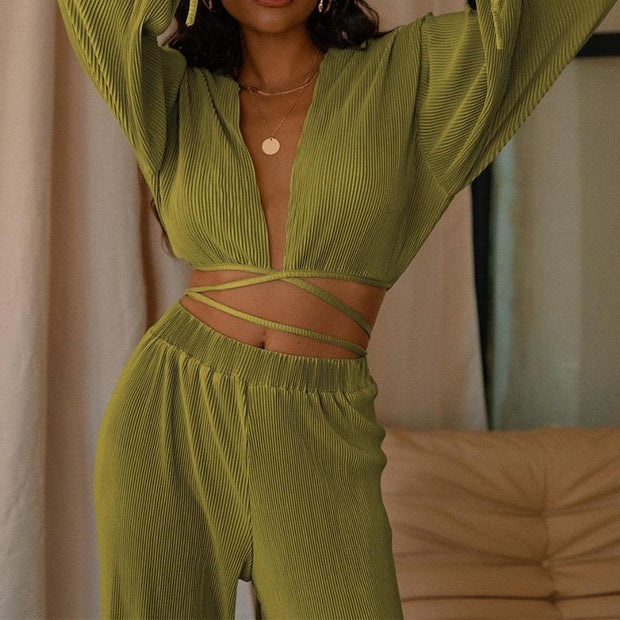 Women's V-Neck Fashion Casual Set Clothing - Deck Em Up