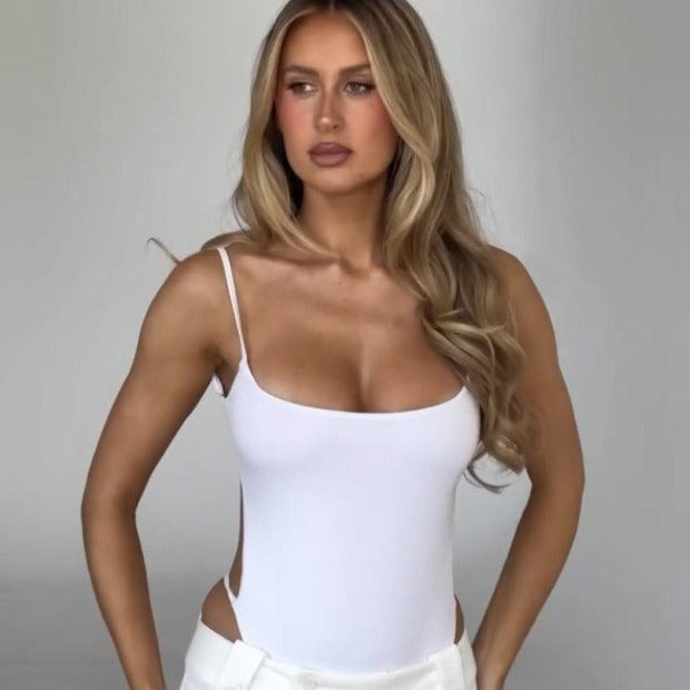 New Women's Solid Color High-elastic Low Collar Sling Backless Tight American One-piece Vest - Deck Em Up