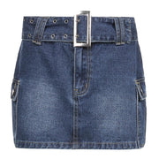 American Street Style Asymmetric Pocket Design Low Waist Denim Skirt - Deck Em Up