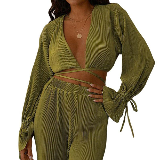 Women's V-Neck Fashion Casual Set Clothing - Deck Em Up